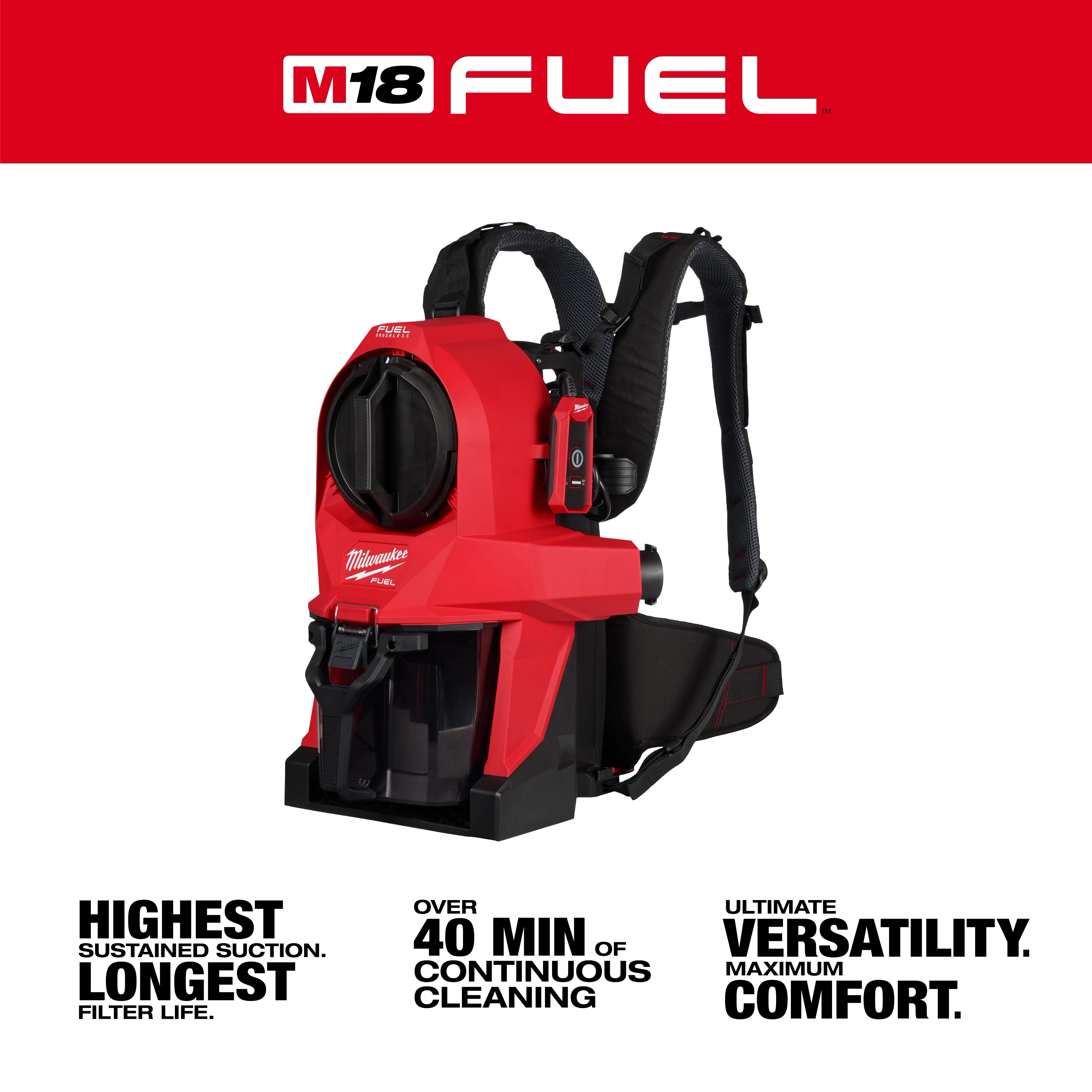 The M18 FUEL™ 3-in-1 Backpack Vacuum is red and black, featuring detachable backpack straps and a clear dust container. It offers high suction power, over 40 minutes of continuous cleaning, and is designed for versatility and comfort.