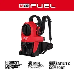 The M18 FUEL™ 3-in-1 Backpack Vacuum is red and black, featuring detachable backpack straps and a clear dust container. It offers high suction power, over 40 minutes of continuous cleaning, and is designed for versatility and comfort.