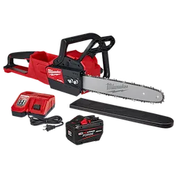 Milwaukee electric chainsaw with a black blade guard and red battery charger, includes cord and plug.