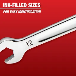 The image shows a close-up of a chrome wrench with "12" ink-filled for easy size identification against a red background. The caption reads, "INK-FILLED SIZES FOR EASY IDENTIFICATION." The image features Mechanic Hand Tools.