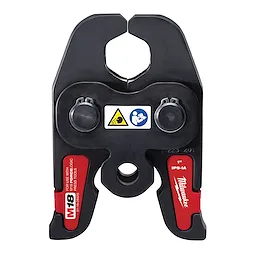 M18 Jaws and Rings - Stainless Steel, black with red accents, circular logo and warning icons in the center, used for pressing.