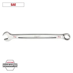 This image shows a Milwaukee 7/16 open-end and ratcheting box-end wrench. The top text reads "SAE," and it includes a "Lifetime Guarantee" badge at the bottom left.