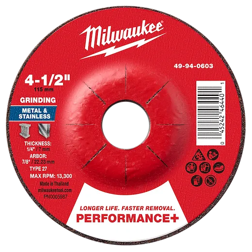 4-1/2" x 1/4" x 7/8" Performance+ Metal Grinding Wheel - Type 27 for grinding metal and stainless, with a red center.