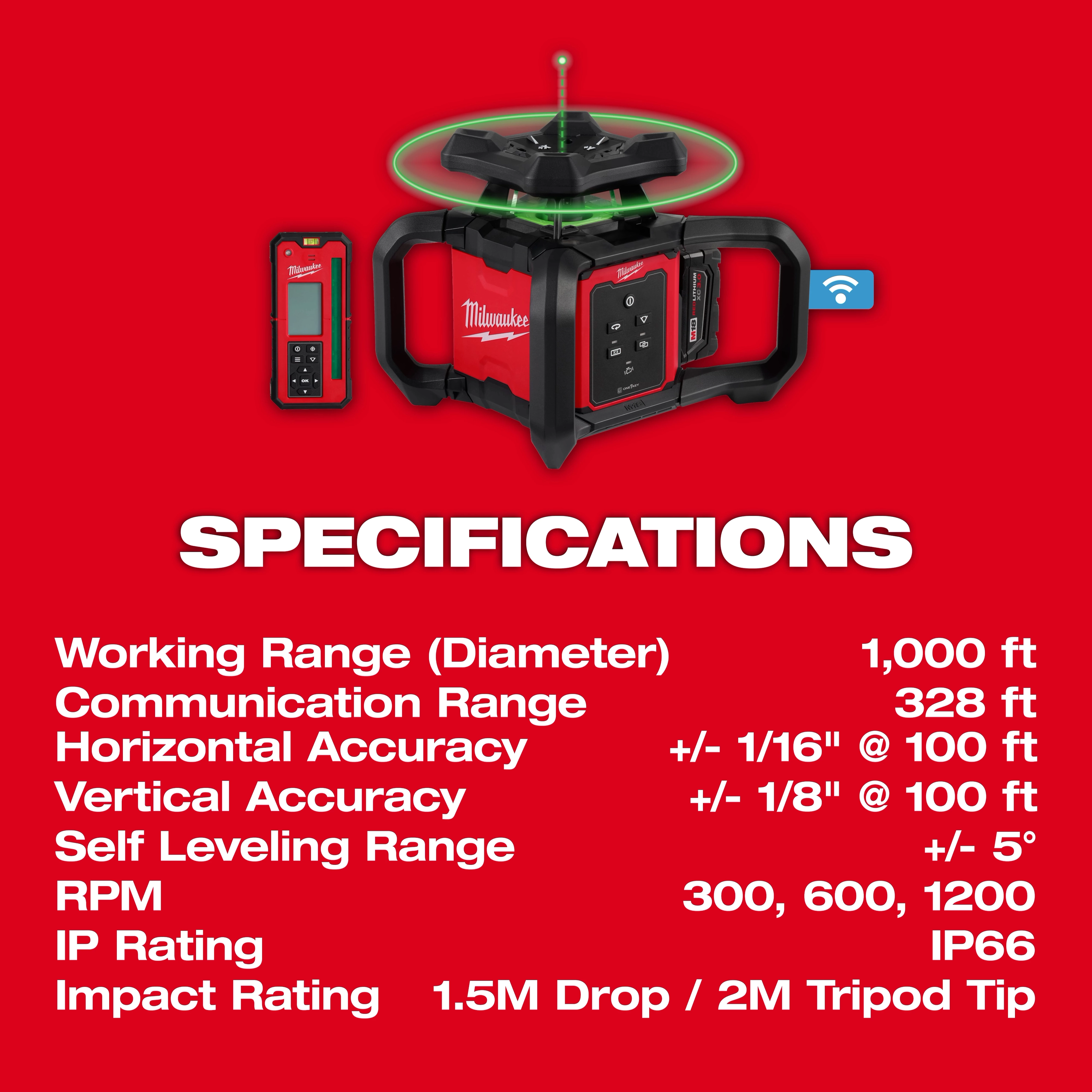 M18™ Green Interior Rotary Laser Level Kit w/ Remote/Receiver & Wall Mount Bracket Specs