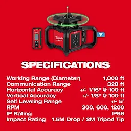 M18™ Green Interior Rotary Laser Level Kit w/ Remote/Receiver & Wall Mount Bracket Specs