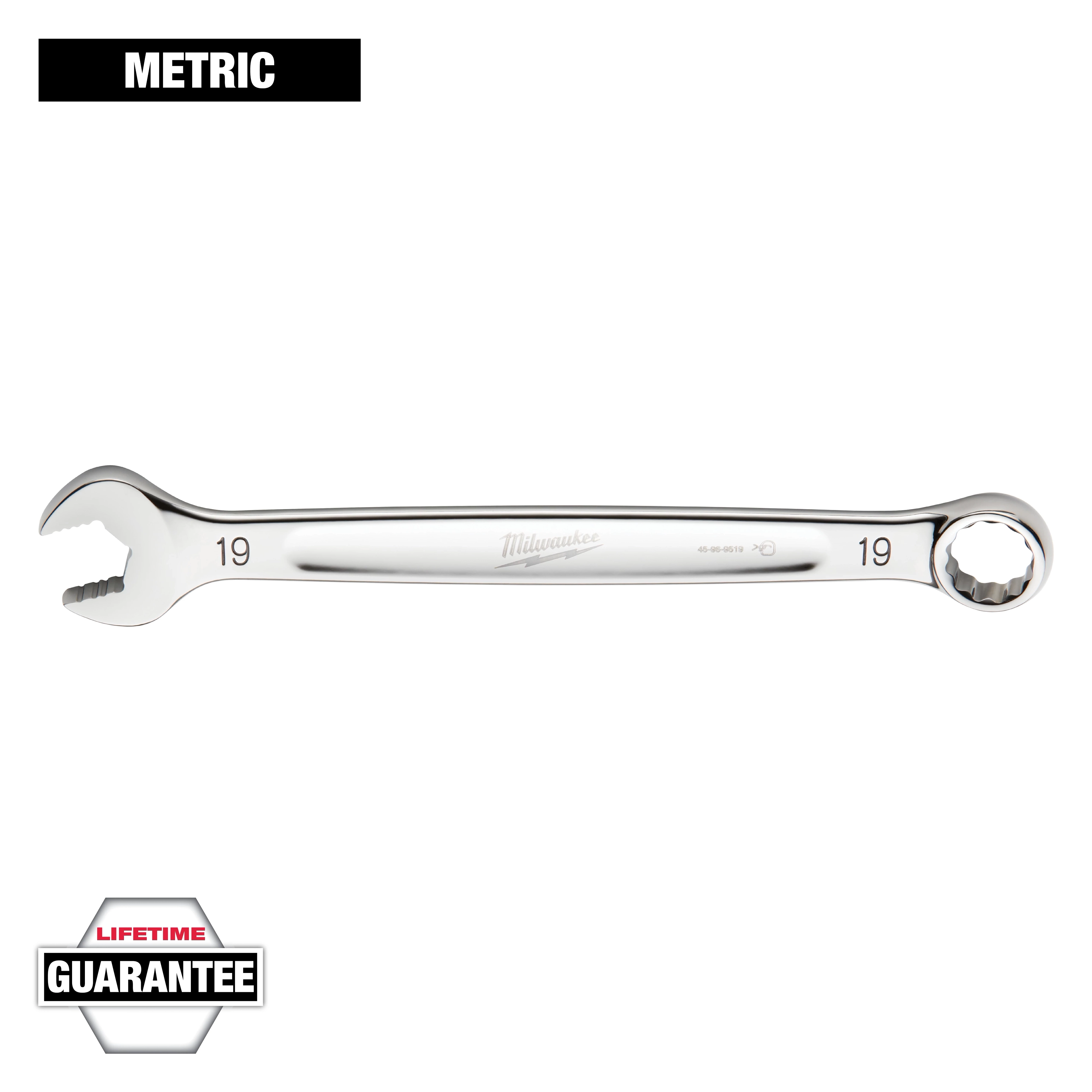 The image shows a Milwaukee 19mm metric combination wrench with an open-ended side and a box-end side. The wrench has a chrome finish and features a "Lifetime Guarantee" badge in the bottom left corner.