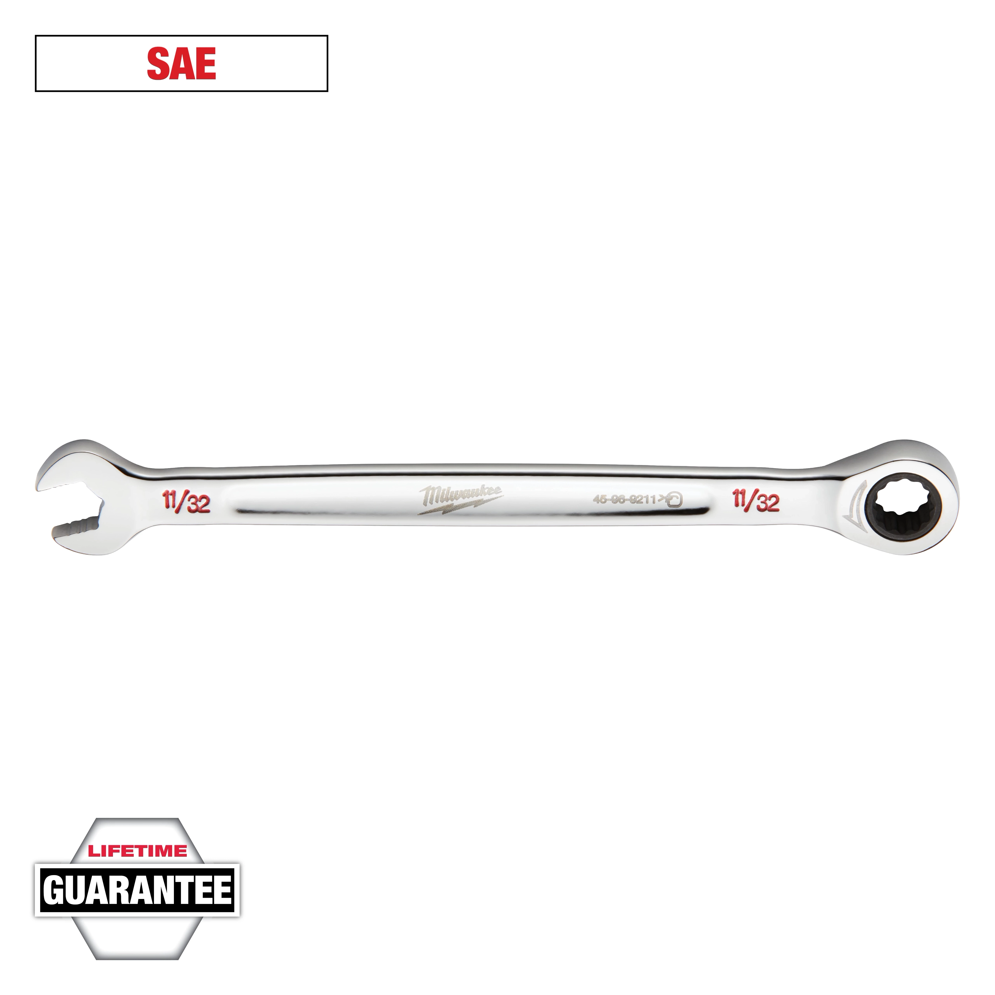 The image shows a Milwaukee 11/32 inch SAE wrench featuring an open end on the left side and a ratcheting box end on the right. The wrench is chrome-finished and includes a Lifetime Guarantee label at the bottom.
