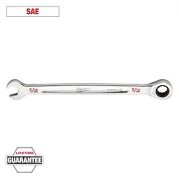The image shows a Milwaukee 11/32 inch SAE wrench featuring an open end on the left side and a ratcheting box end on the right. The wrench is chrome-finished and includes a Lifetime Guarantee label at the bottom.