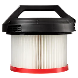 The HEPA Filter is a cylindrical air filter with a black, plastic top handle and pleated white paper with a red base.