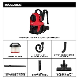 The M18 FUEL™ 3-in-1 Backpack Vacuum is shown with included accessories: a HEPA filter, 6-foot flexible hose, ergonomic handle, telescoping extension wand, crevice tool, and pivoting floor tool. The vacuum is red with black straps.