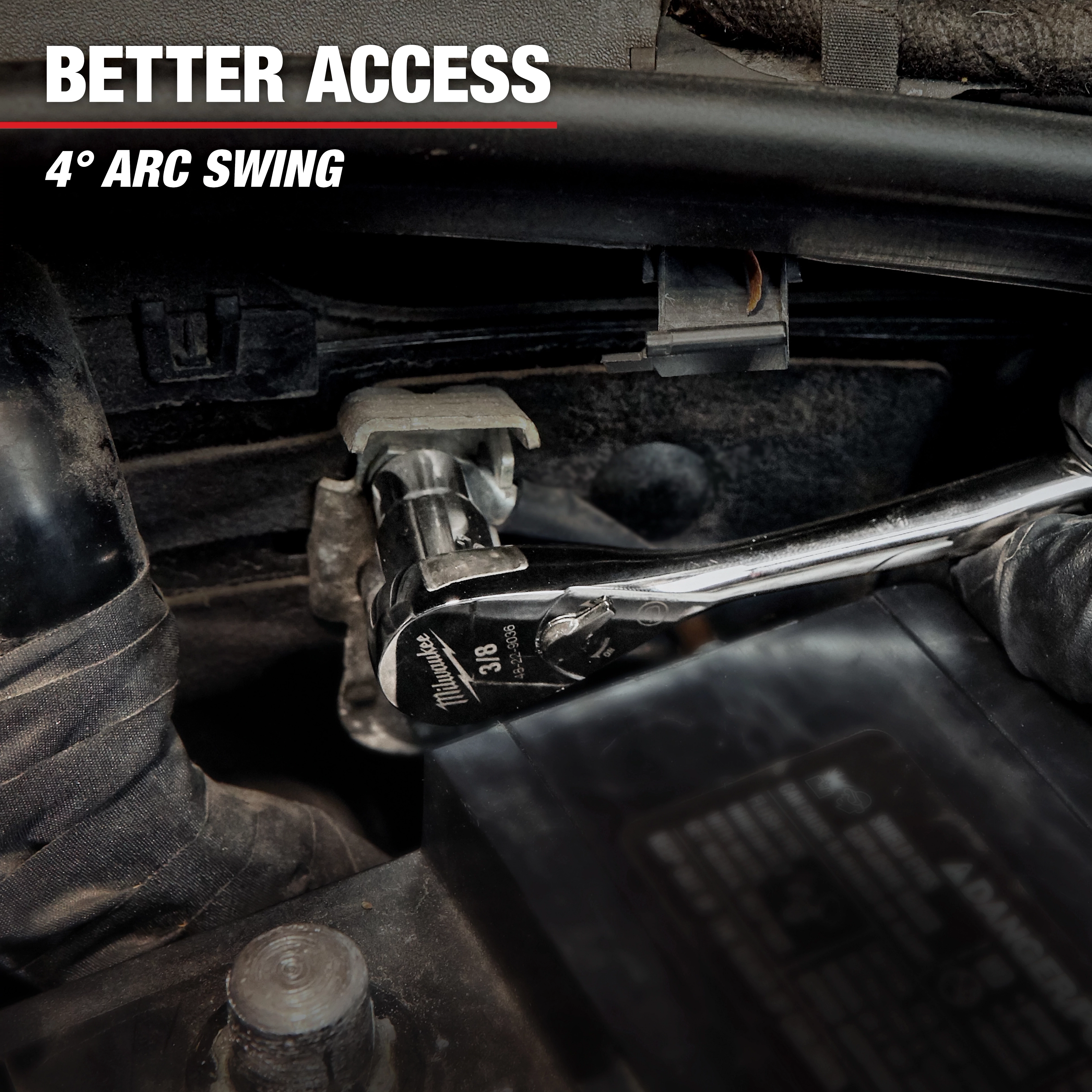 A mechanic uses a Milwaukee ratchet wrench in a tight space. The image highlights the tool's 4-degree arc swing for better access. The text "Better Access" and "4° Arc Swing" is shown at the top. This illustrates the efficiency of the Mechanic Hand Tools.