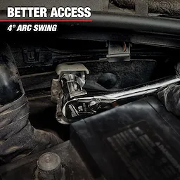 A mechanic uses a Milwaukee ratchet wrench in a tight space. The image highlights the tool's 4-degree arc swing for better access. The text "Better Access" and "4° Arc Swing" is shown at the top. This illustrates the efficiency of the Mechanic Hand Tools.