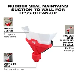 Image of the AIR-TIP™ Dust Collector showing its funnel design to capture more debris, illustrated by a vacuum tool attached to a wall. The device's red and white structure features a rubber seal for maintaining suction to the wall, enabling less clean-up and hands-free use.