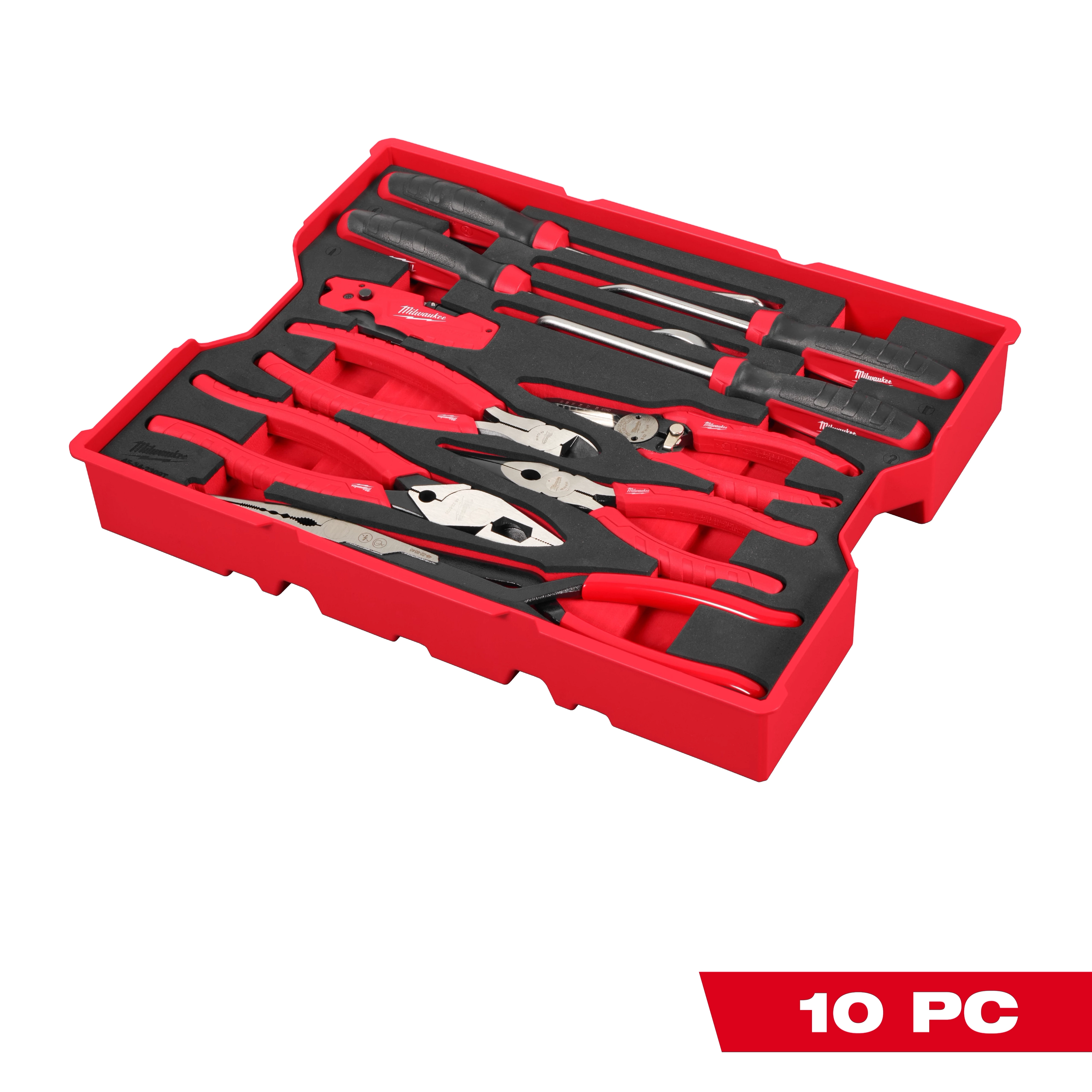 The Bare Tray for 17pc. Screwdriver & Pry Bar Set for PACKOUT™ Drawers is a red organizer containing various screwdrivers, pliers, and tools with red handles, organized neatly in their designated slots. The tray holds 10 pieces as shown in the image.