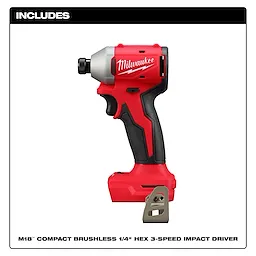 Includes one M18 Compact Brushless 1/4" Hex 3-Speed Impact Driver