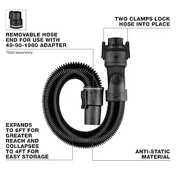 The 1-7/8" x 6' Flexible Hose features removable hose ends, two clamps for locking, and anti-static material. It expands to 6 feet for greater reach and collapses to 4 feet for easy storage. Compatibility with the 49-90-1980 adapter is indicated.