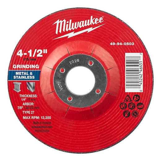 4-1/2" x 1/4" x 7/8" Metal Grinding Wheel - Type 27, red with specifications. Suitable for grinding metal and stainless steel.