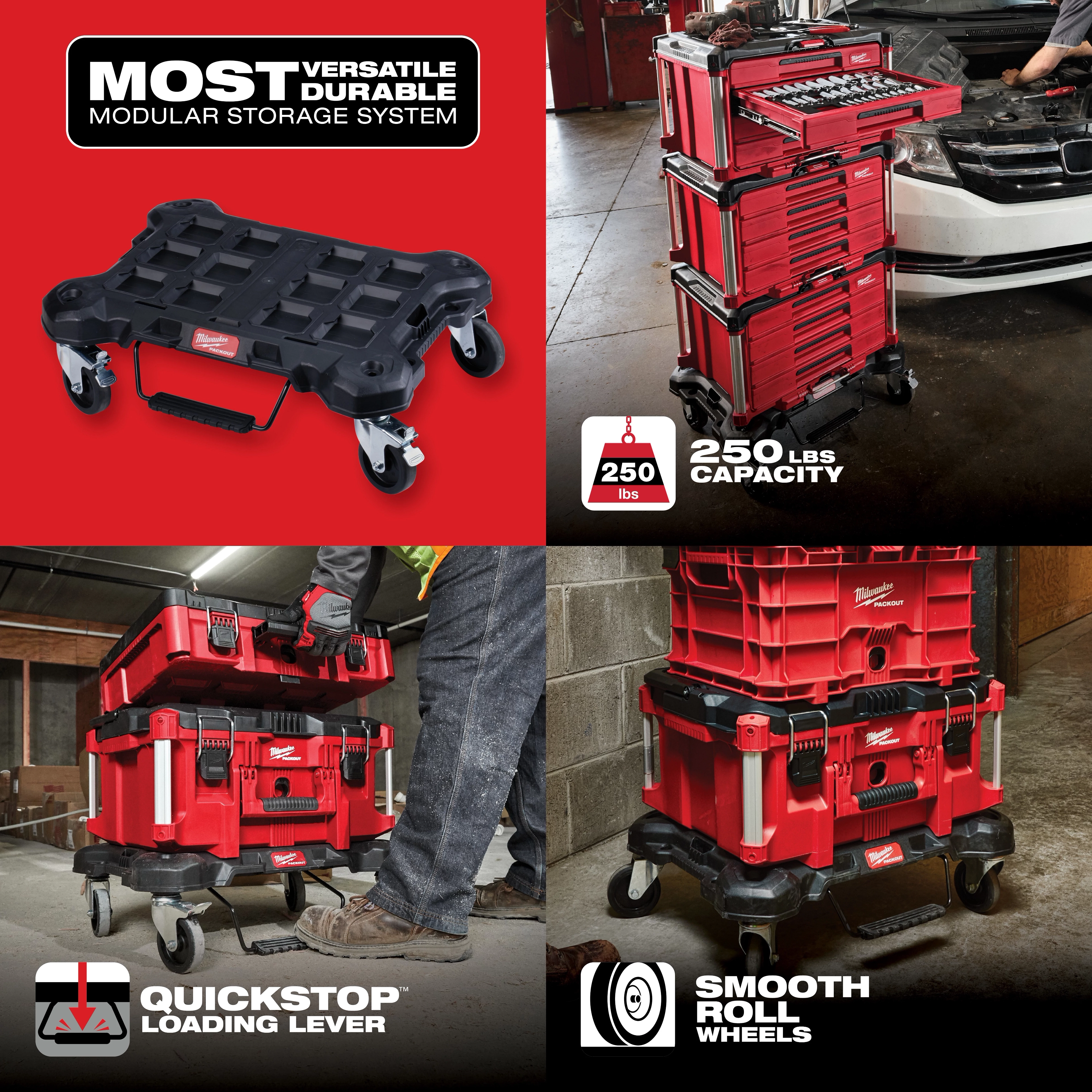 Hover Image showing modular storage system with a 250 lbs capacity, quick-stop loading lever, and smooth roll wheels.