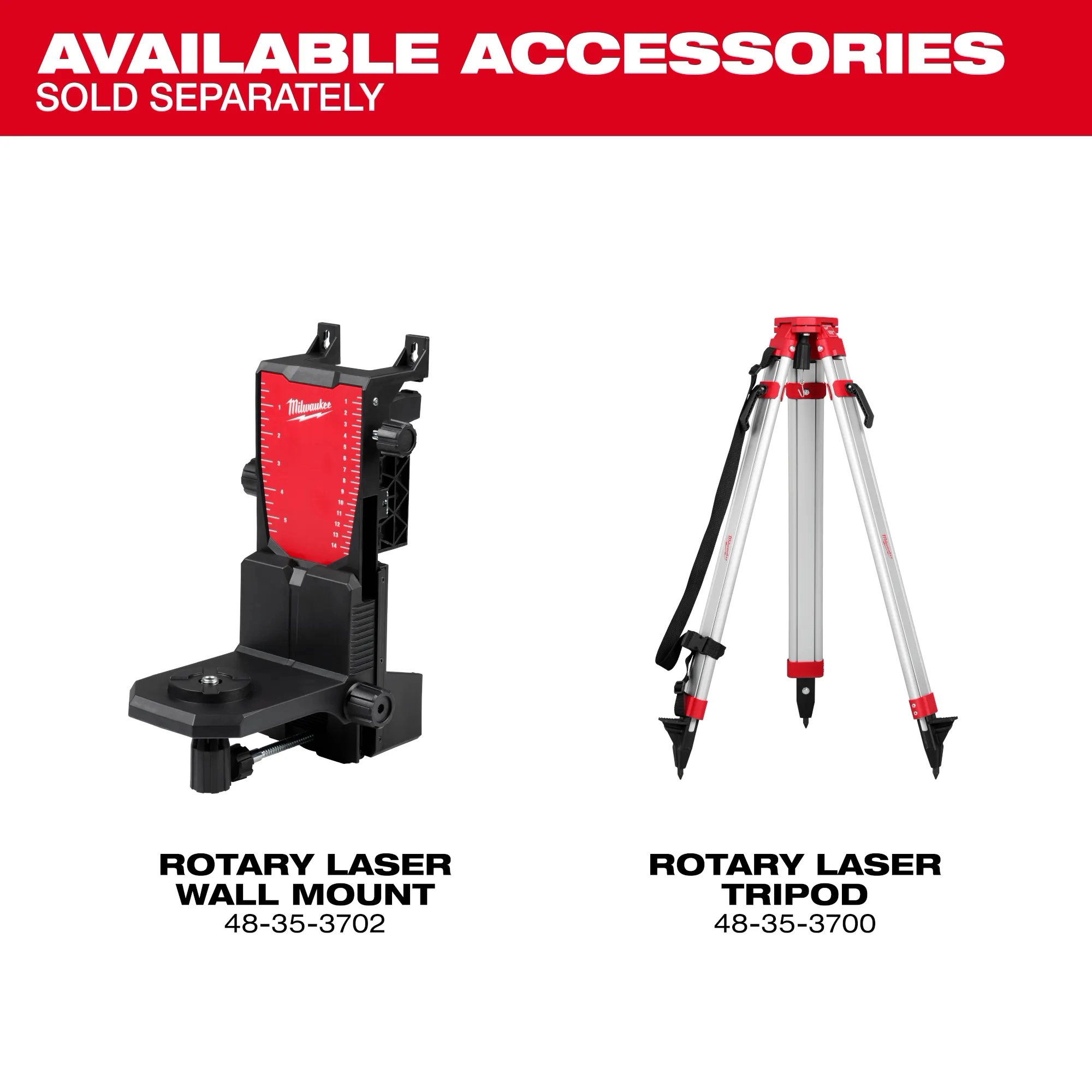 Image of the Milwaukee M18 Rotary Laser accessories (Rotary Laser Wall Mount and Rotary Laser Tripod) with the text "available accessories sold separately"