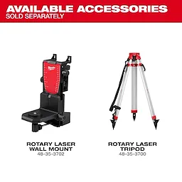 Image of the Milwaukee M18 Rotary Laser accessories (Rotary Laser Wall Mount and Rotary Laser Tripod) with the text "available accessories sold separately"