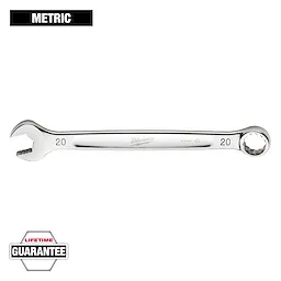 This image features a metric Milwaukee combination wrench with a 20 mm size. One end is open, and the other is a closed ring. "Lifetime Guarantee" text is present in the bottom left corner.