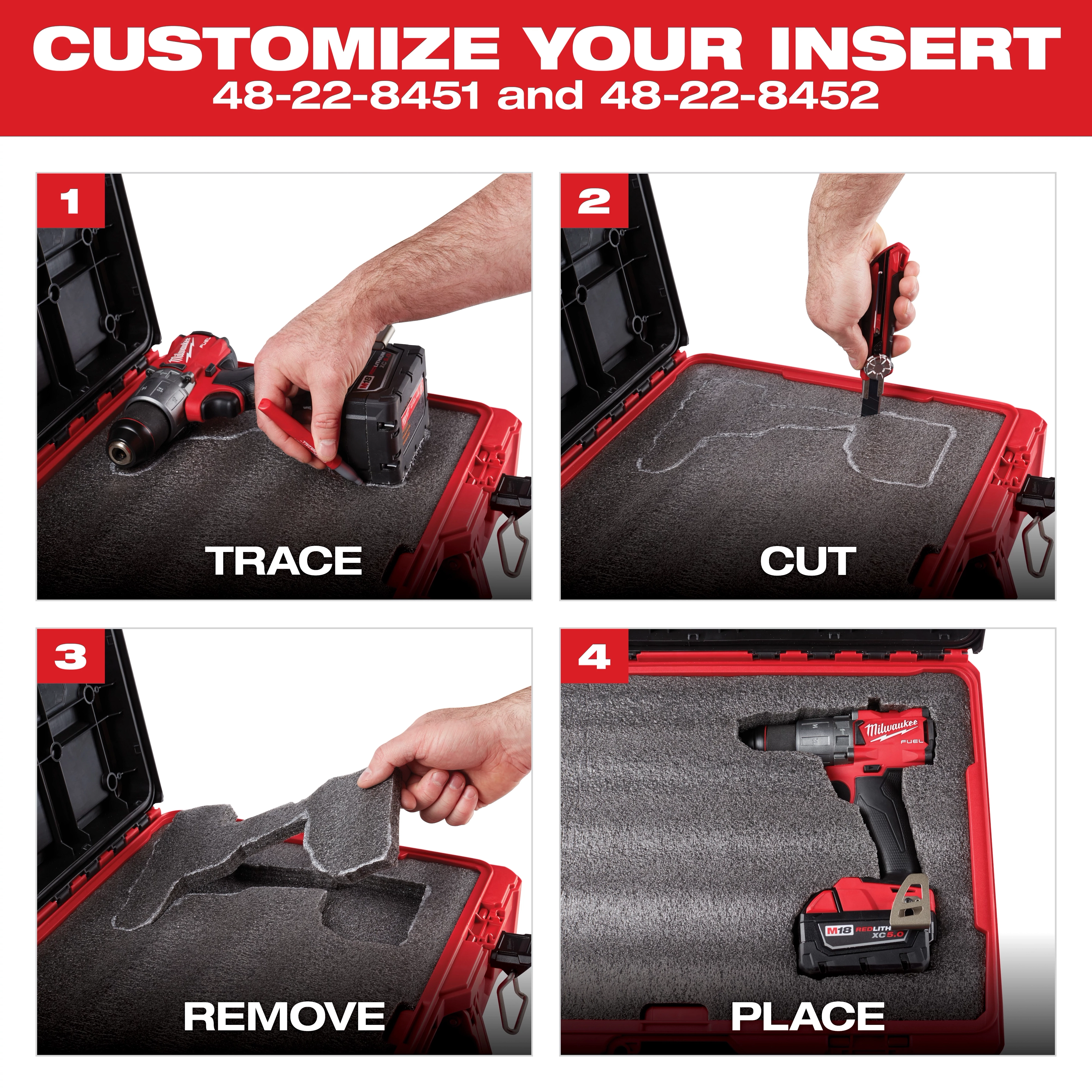 Step-by-step instructions to customize a Custom Foam Insert by tracing, cutting, removing, and placing tools within the insert.