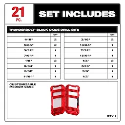 THUNDERBOLT® Black Oxide Drill Bit Set - 21PC includes drill bits in various sizes ranging from 1/16" to 1/2". The set comprises multiple quantity bits and comes with a customizable medium case. The set chart details the exact quantities for each size bit.
