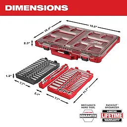 Image showing the dimensions of a Milwaukee tool kit with case. The case measures 19.8 inches by 16.4 inches by 2.3 inches. The opened kit reveals socket wrenches and tools, measuring 11.7 inches by 7.7 inches by 1.2 inches. Labels mention a lifetime guarantee and limited lifetime warranty.