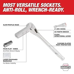The image shows a versatile socket wrench highlighting features like a slim profile head, 4-degree arc swing, 90-tooth design, flush directional lever, chrome plating for rust protection, four anti-roll wrench-ready sides, and laser-engraved markings for visibility. The text reads "Most Versatile Sockets. Anti-Roll, Wrench-Ready." and includes a "Lifetime Guarantee" badge.