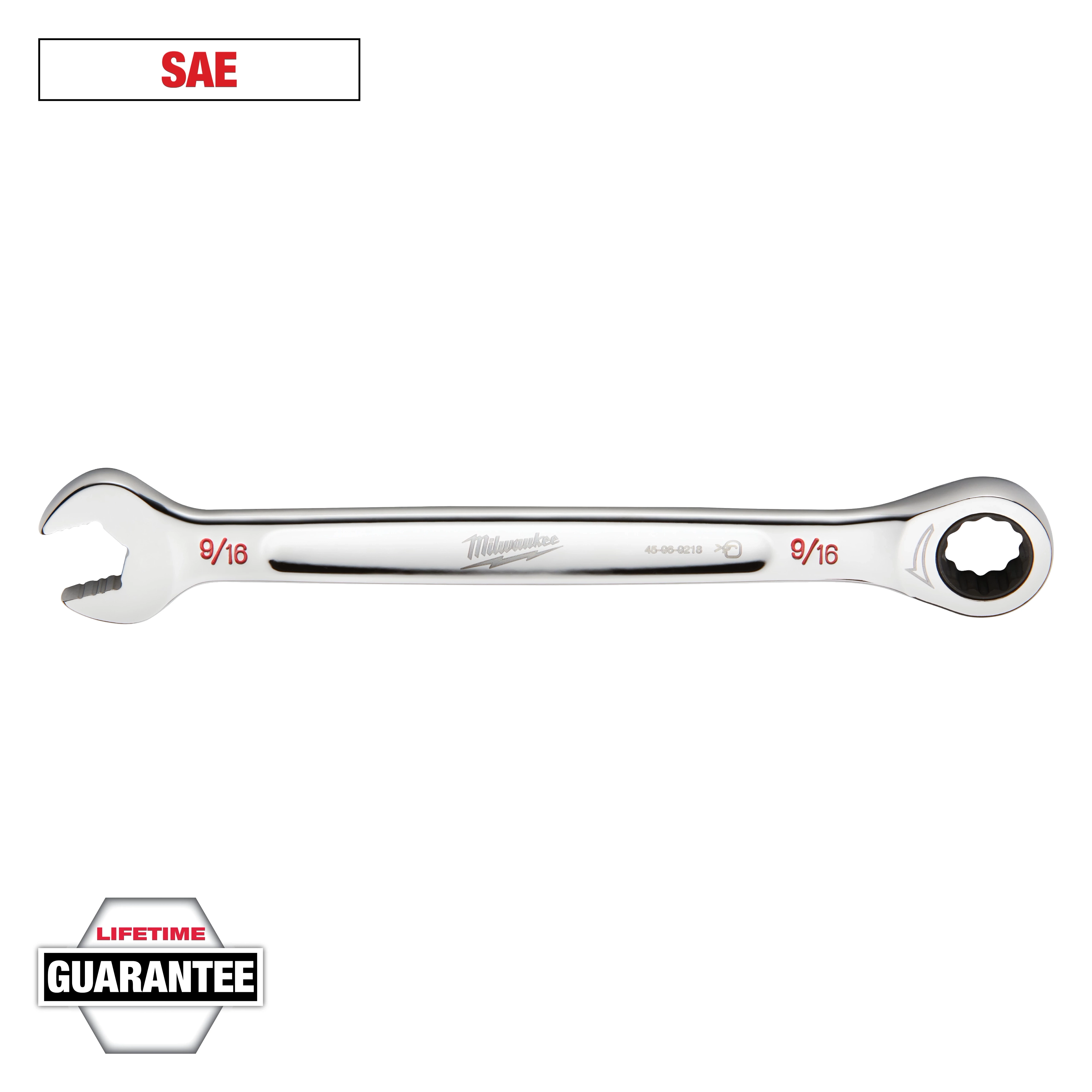 Image shows a 9/16 inch Milwaukee combination wrench with one open end and one ratcheting box end. The tool is labeled SAE and comes with a lifetime guarantee, denoted at the bottom of the image.