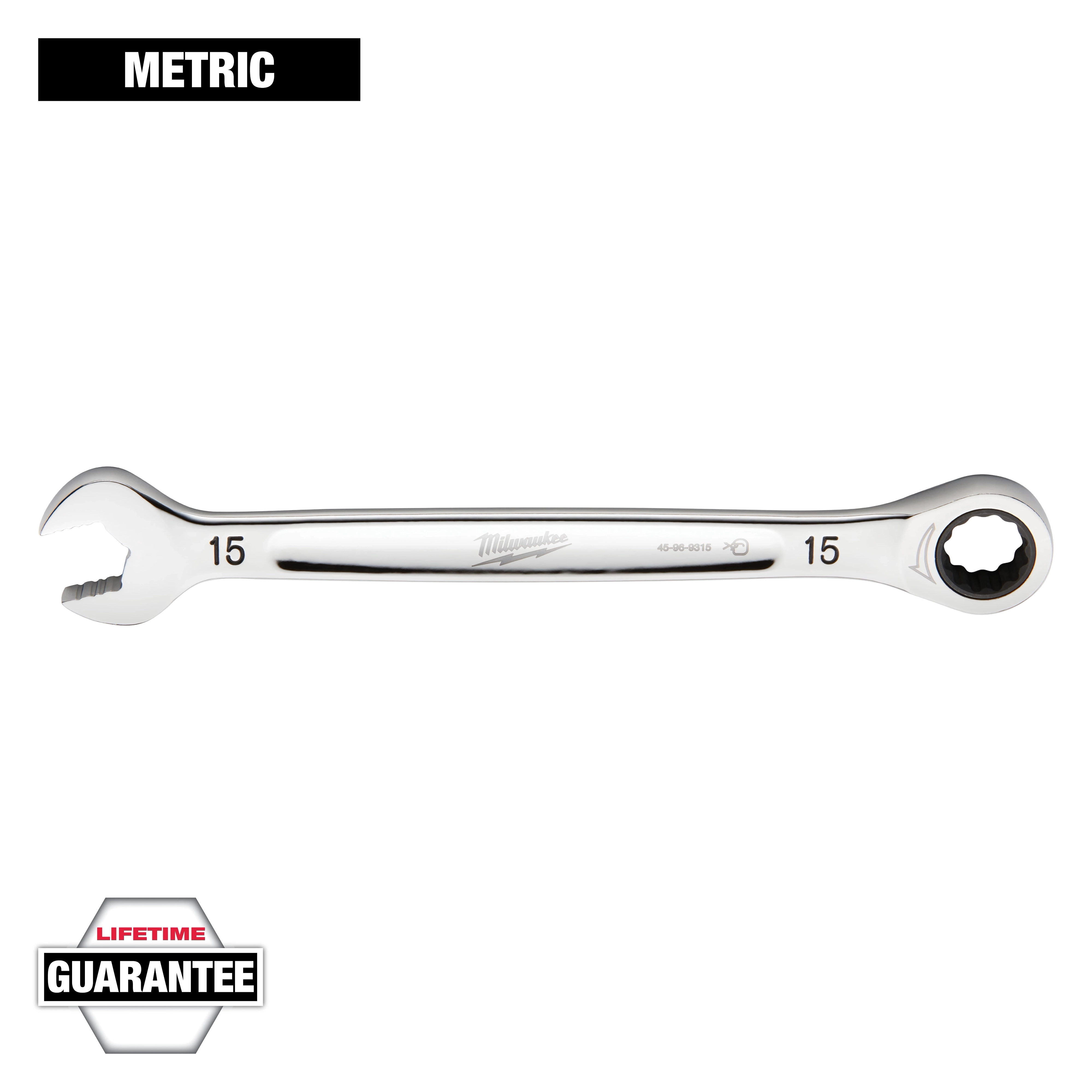This image shows a Milwaukee 15mm metric combination wrench with an open-end and a ratcheting box-end. The wrench is polished chrome with a "Lifetime Guarantee" badge. The numbers "15" are indicated on both ends of the tool.