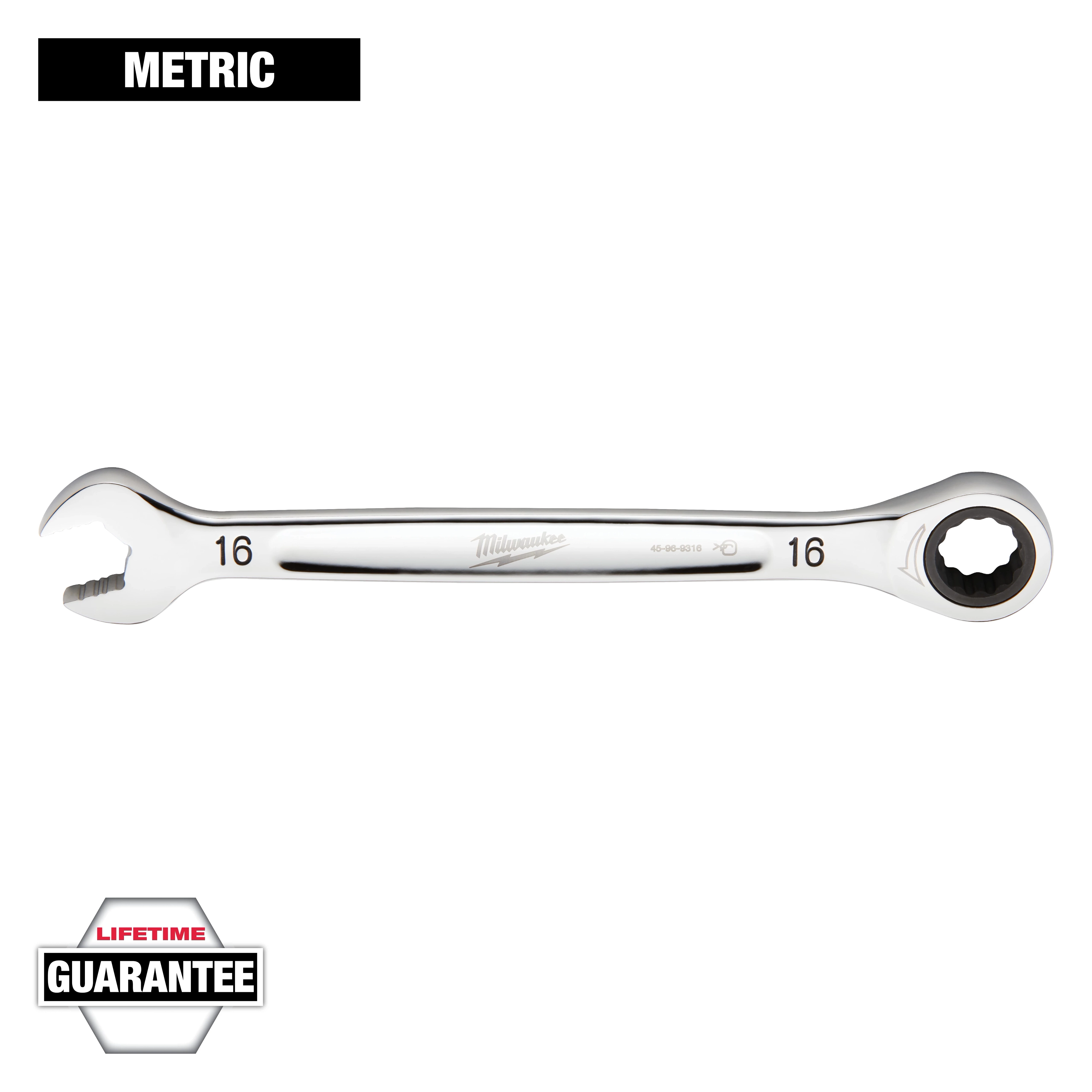 A 16mm Milwaukee combination wrench with a metric label on top. It features an open-end and a box-end with ratcheting capability. The wrench has a polished chrome finish and comes with a lifetime guarantee, indicated by a badge in the lower left.