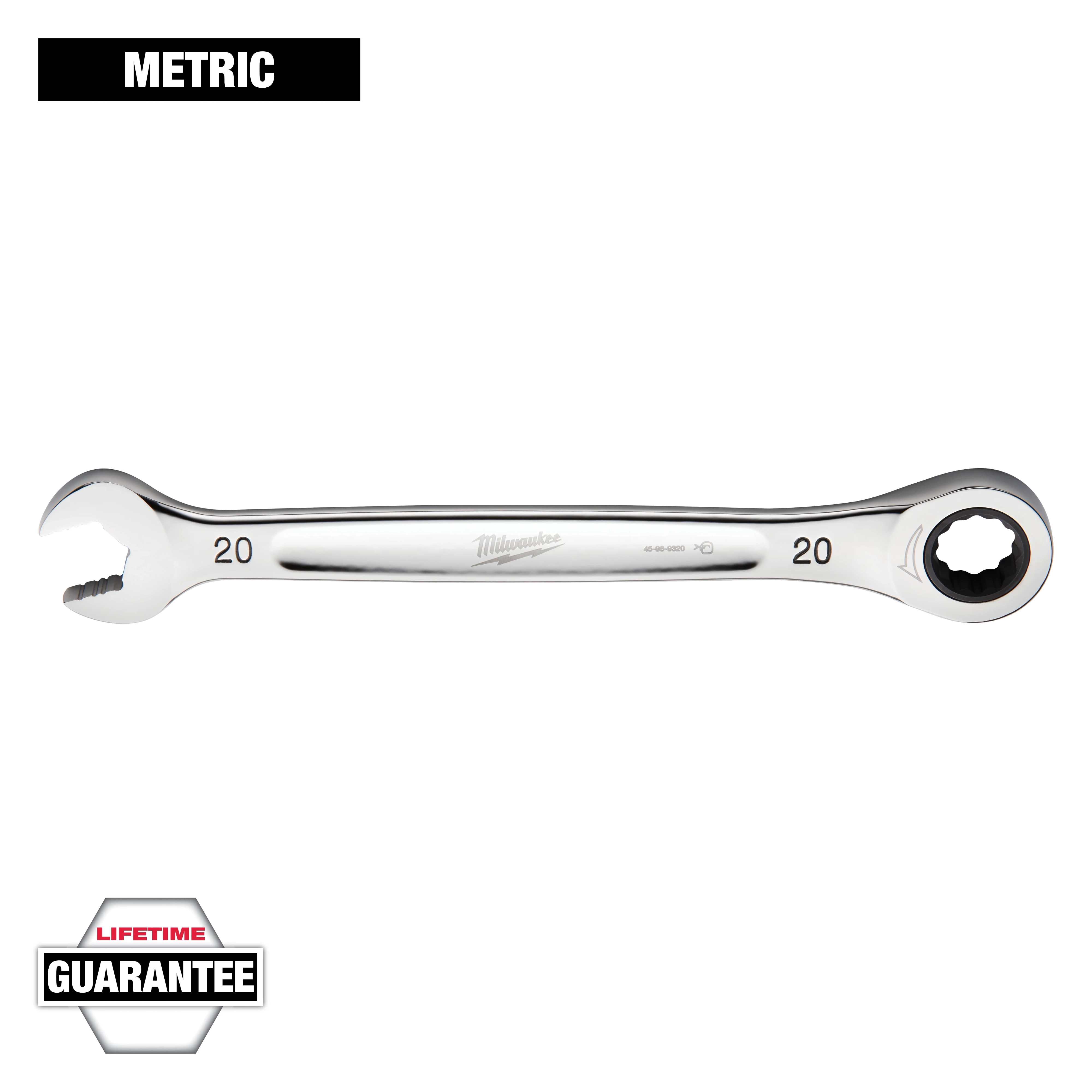 This image shows a 20mm metric combination wrench by Milwaukee with a lifetime guarantee. The wrench features an open end on one side and a ratcheting box end on the other. The word "METRIC" is written above the wrench, and a "GUARANTEE" badge is located at the bottom.