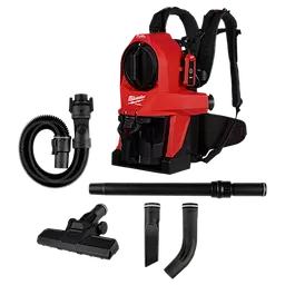 The M18 FUEL™ 3-in-1 Backpack Vacuum features a red backpack-style vacuum unit with black straps, an attached hose, and multiple attachments including a floor nozzle, extension wand, and crevice tools.