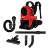 The M18 FUEL™ 3-in-1 Backpack Vacuum features a red backpack-style vacuum unit with black straps, an attached hose, and multiple attachments including a floor nozzle, extension wand, and crevice tools.