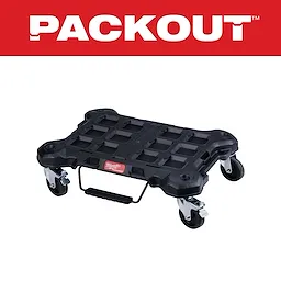 The Primary Image is a Milwaukee Packout dolly with four rotating wheels, a black grid-like platform, and a handle.