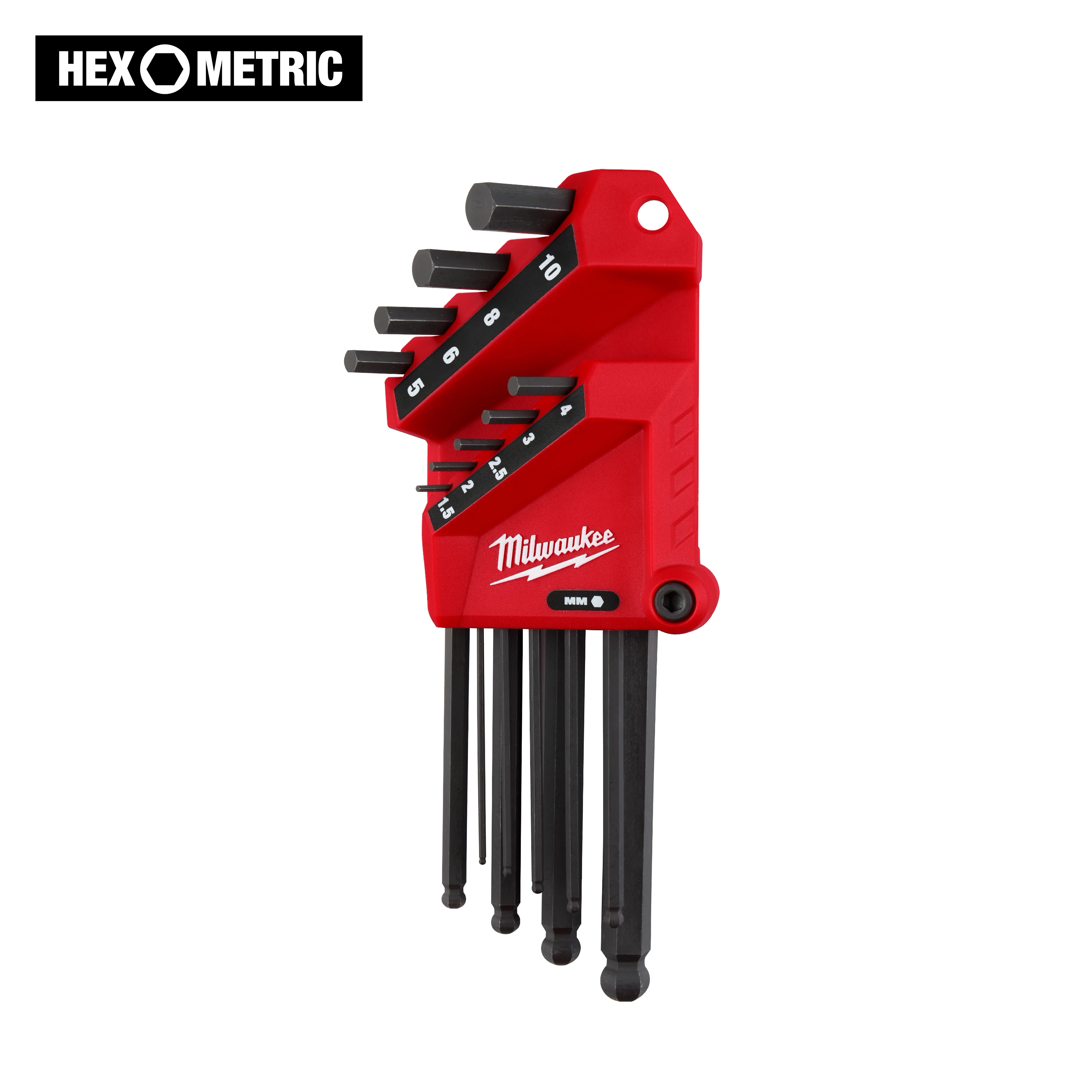 The 9-Key Ball End L-Key Set - Metric features a red holder with black metric keys, ranging from 1.5 to 10 mm.