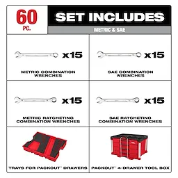 The 60pc. Metric & SAE Combination Wrench Set with PACKOUT™ 4 Drawer Tool Box includes 15 metric combination wrenches, 15 SAE combination wrenches, 15 metric ratcheting wrenches, 15 SAE ratcheting wrenches, trays for PACKOUT™ drawers, and a PACKOUT™ 4 drawer tool box.