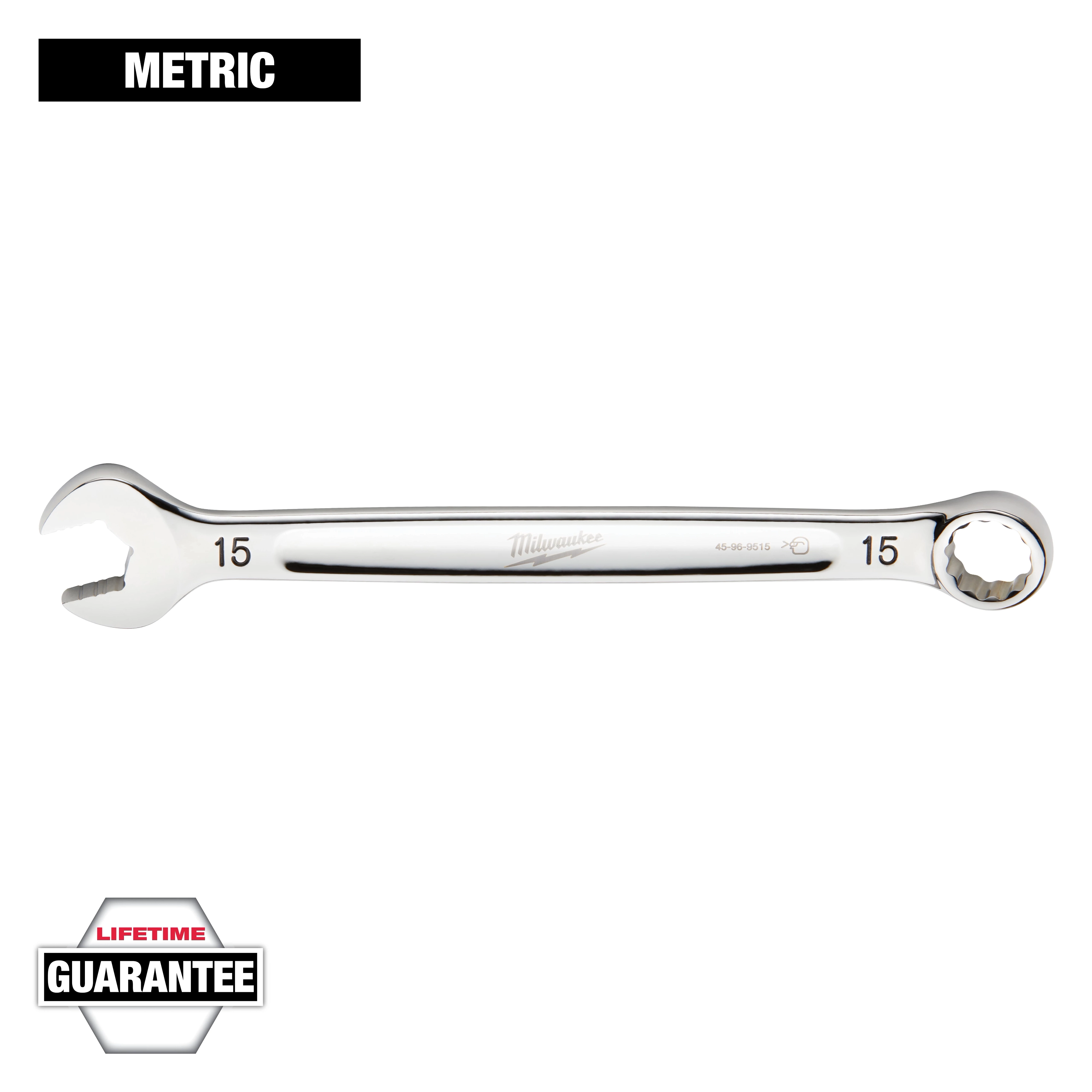 The image shows a Milwaukee 15mm metric wrench with open-end and box-end sides. It has a lifetime guarantee label at the bottom left corner and the word "METRIC" in the top left corner.