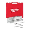 A red Milwaukee case is displayed, containing the "56pc 3/8" Drive SAE and Metric Ratchet and Socket Set." Various chrome sockets and a 3/8" drive ratchet, along with extensions, are arranged in front of the case.