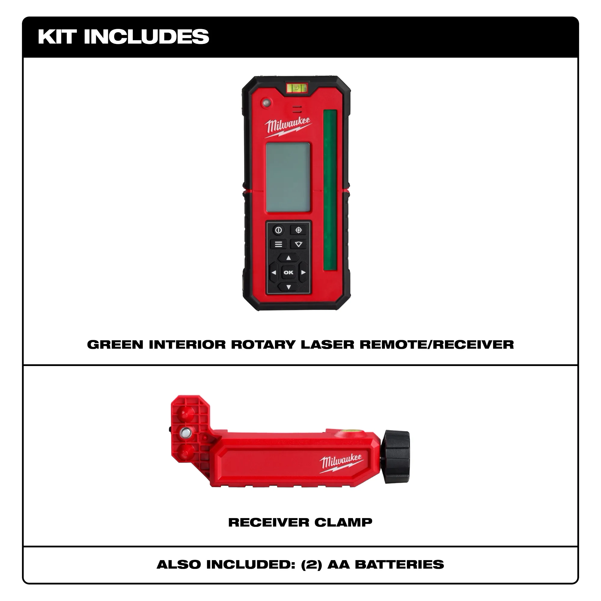 Kit includes image of the Milwaukee Green Interior Rotary Laser Remote Control & Receiver