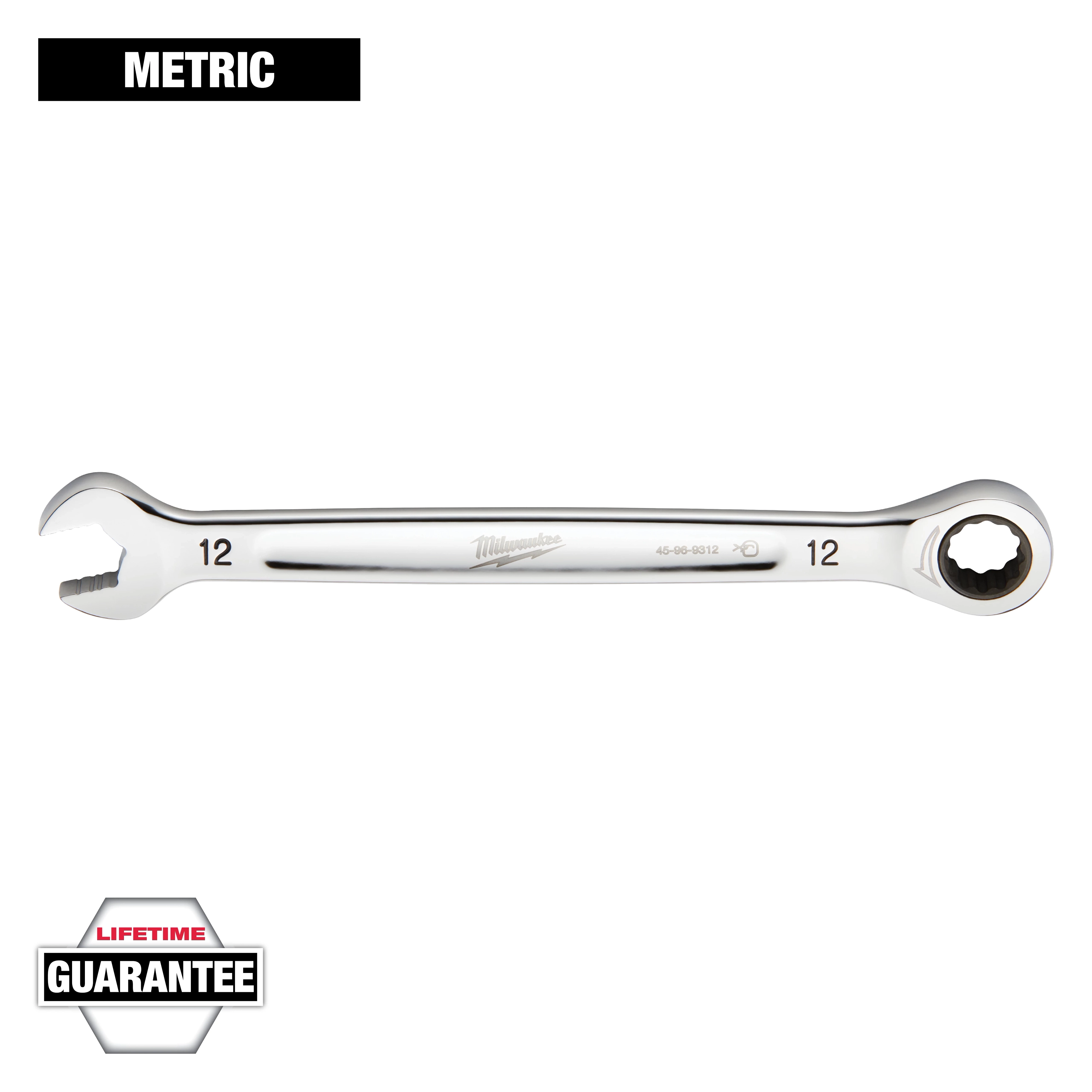This image shows a Milwaukee 12mm combination wrench with an open end on one side and a ratcheting box end on the other. It has a chrome finish and is labeled "Metric" with a "Lifetime Guarantee" badge in the corner.