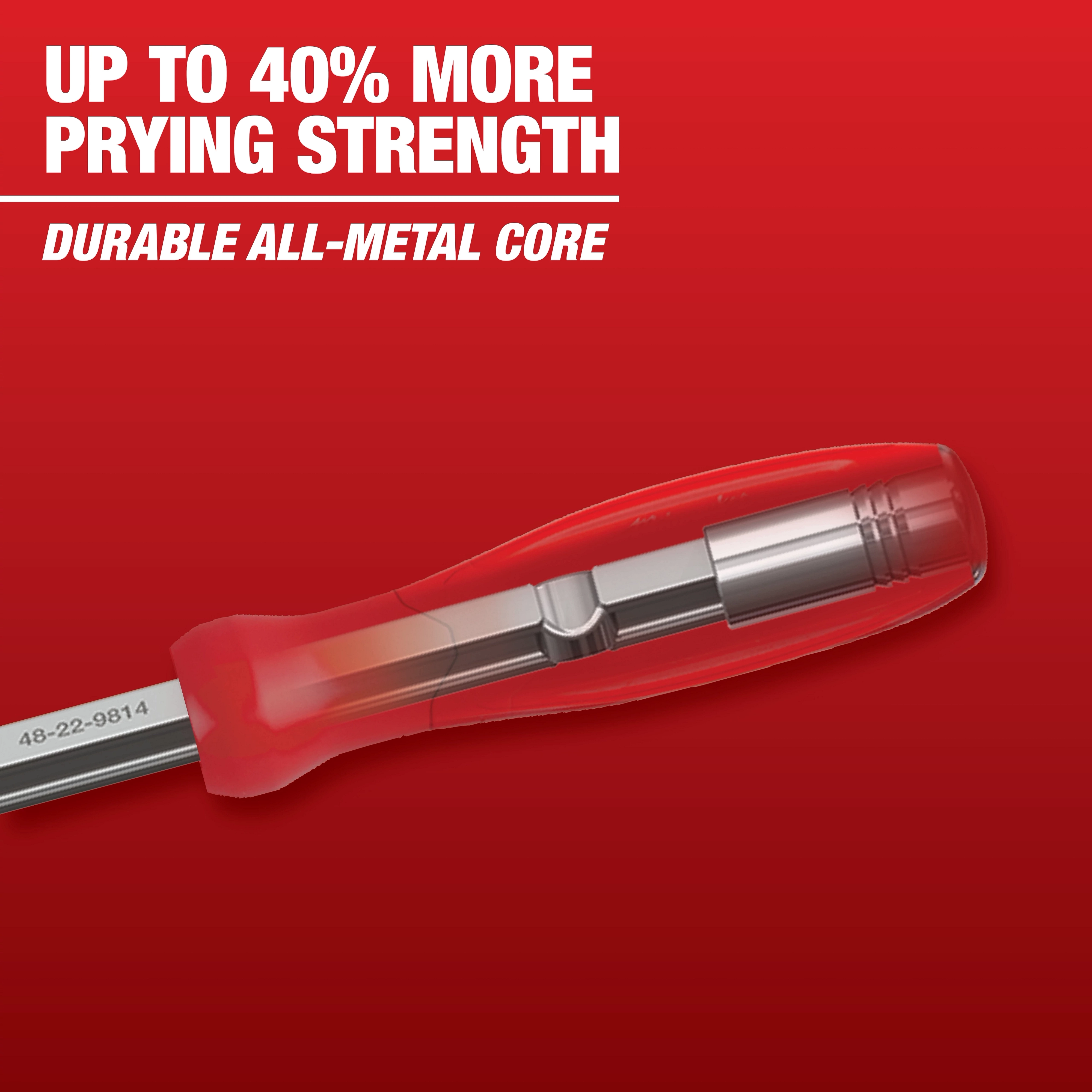 Image of a screwdriver with a transparent red handle, showcasing its durable all-metal core. The text on the image reads, "Up to 40% more prying strength" and "Durable all-metal core." This image highlights Mechanic Hand Tools.