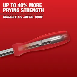Image of a screwdriver with a transparent red handle, showcasing its durable all-metal core. The text on the image reads, "Up to 40% more prying strength" and "Durable all-metal core." This image highlights Mechanic Hand Tools.