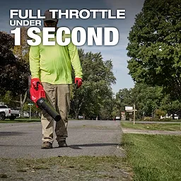 Person using a red leaf blower with text: "FULL THROTTLE UNDER 1 SECOND."