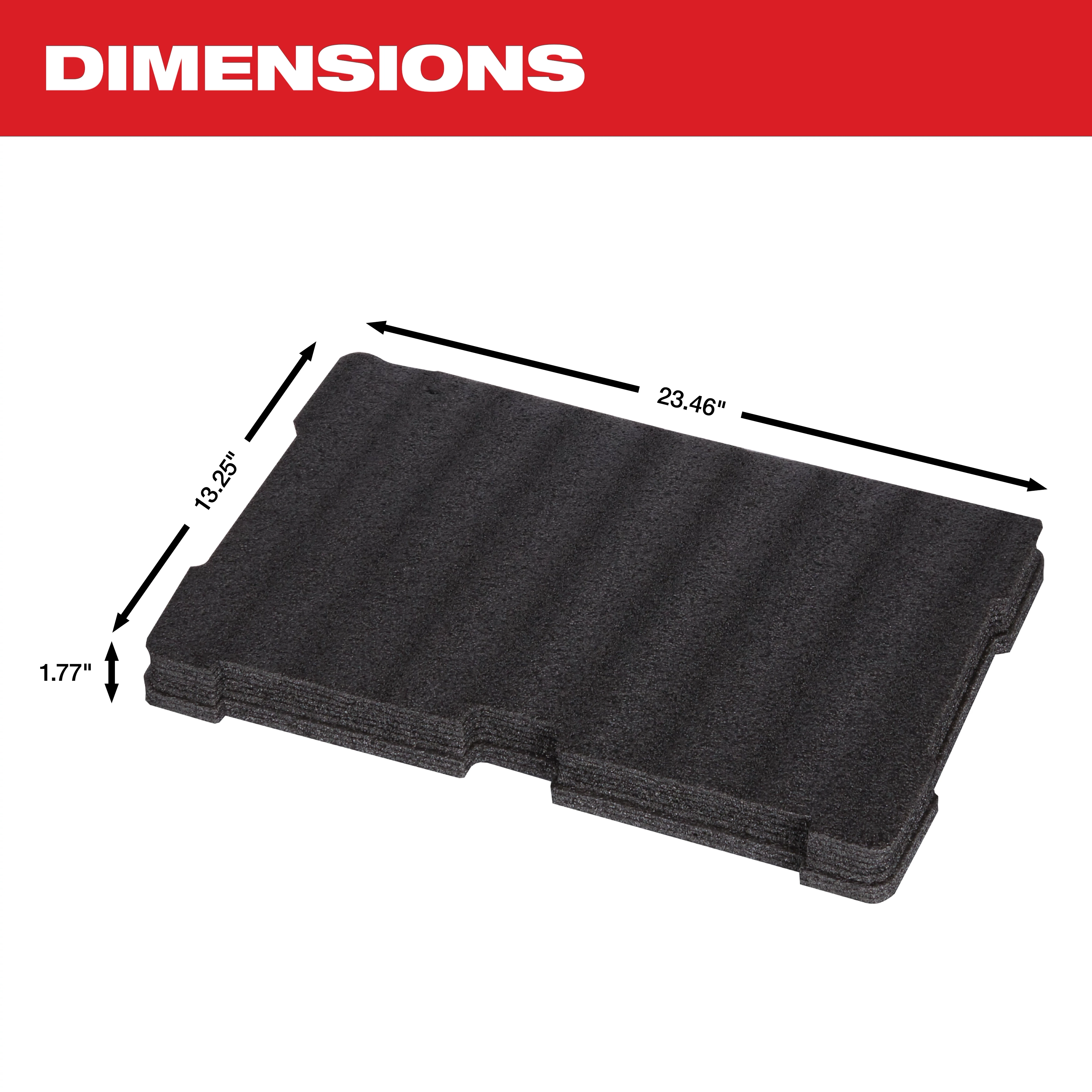 Customizable Foam Insert with dimensions: 23.46 inches long, 13.25 inches wide, 1.77 inches high. Black color, grooved texture.