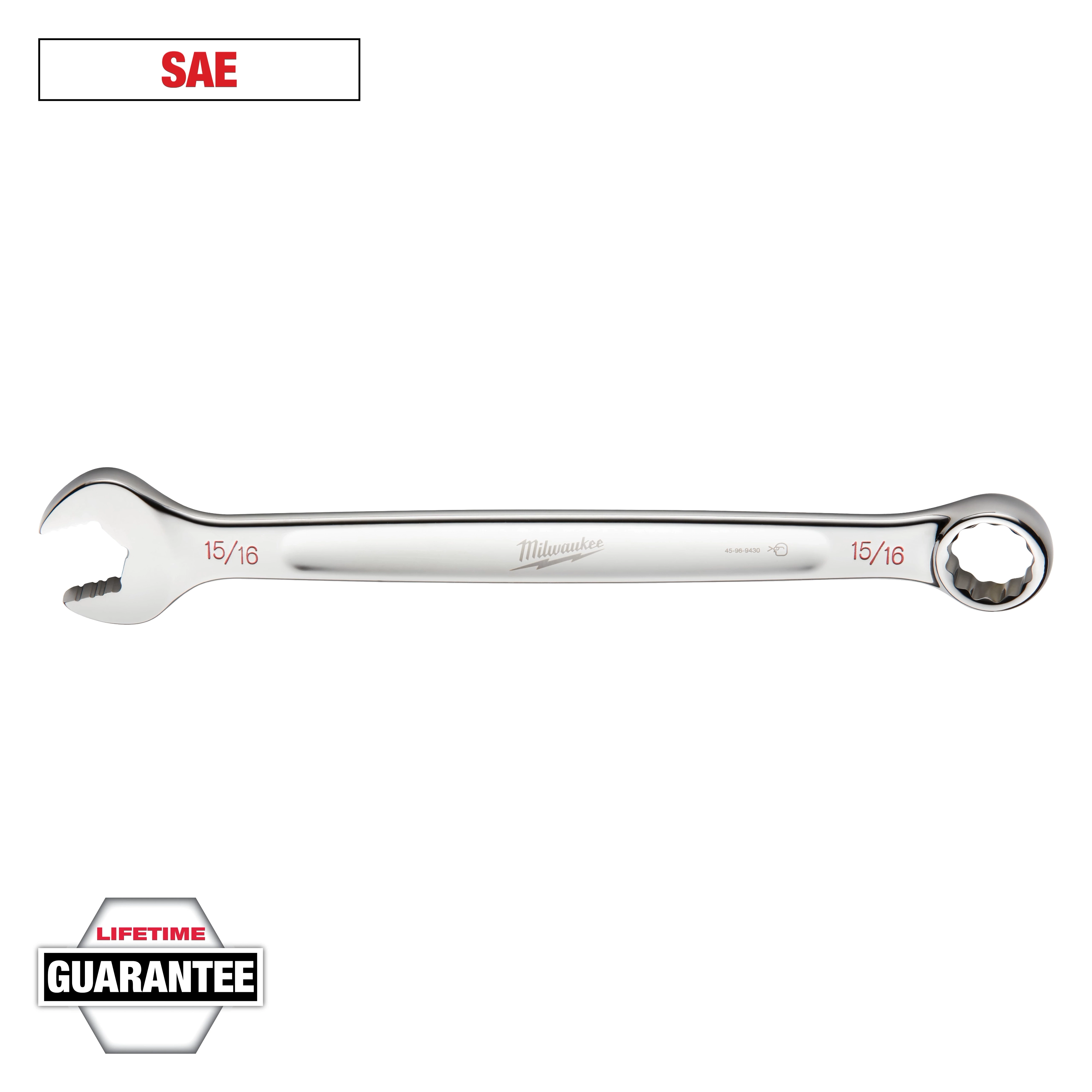 The image shows a Milwaukee 15/16-inch combination wrench with both an open and a closed (ratcheting) end. The label "SAE" is in the top left corner, and "Lifetime Guarantee" is in the bottom left corner.