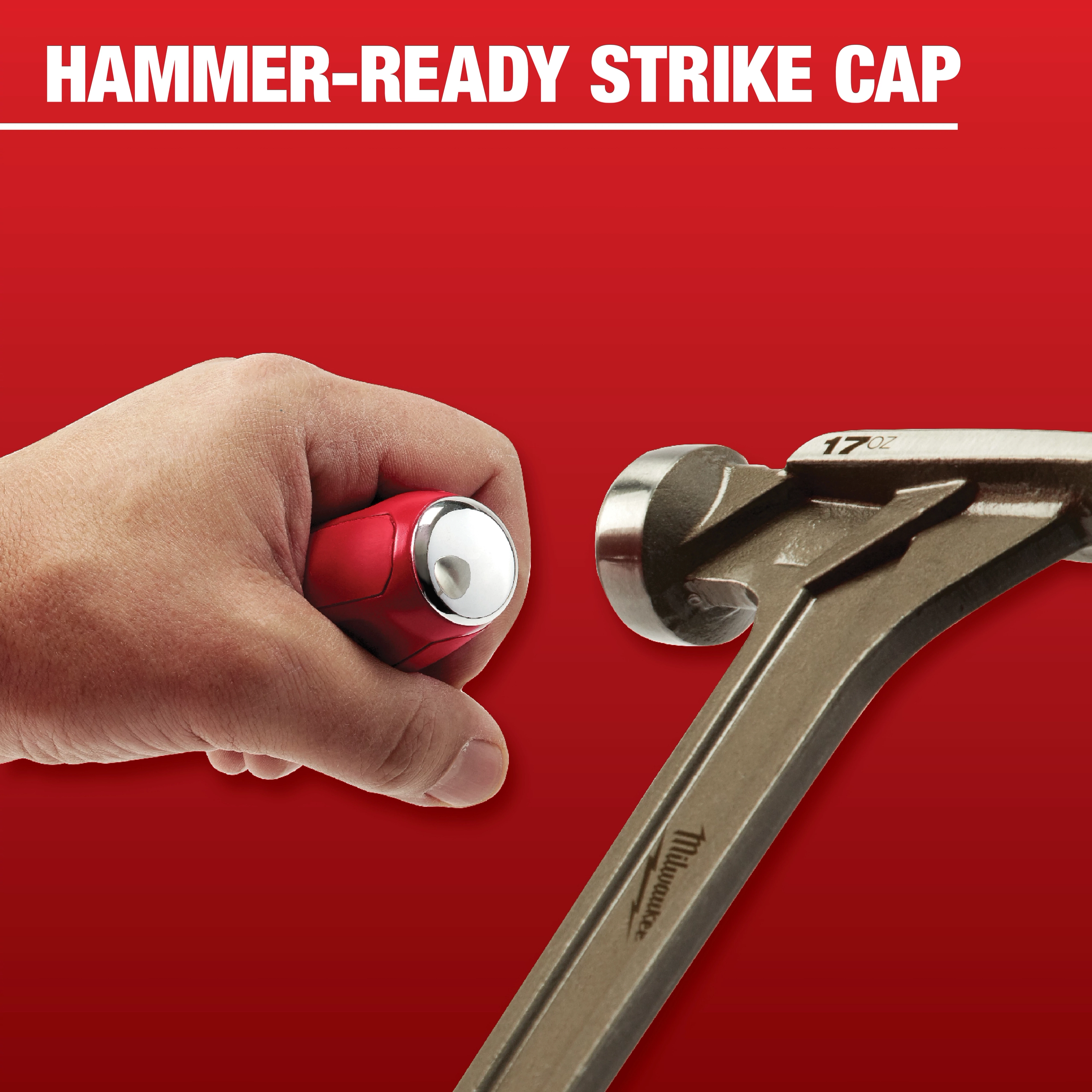 A hand holding a red Mechanic%20Hand%20Tool with a hammer-ready strike cap is shown next to a metallic hammer against a red background. The text "HAMMER-READY STRIKE CAP" is written above the tools.