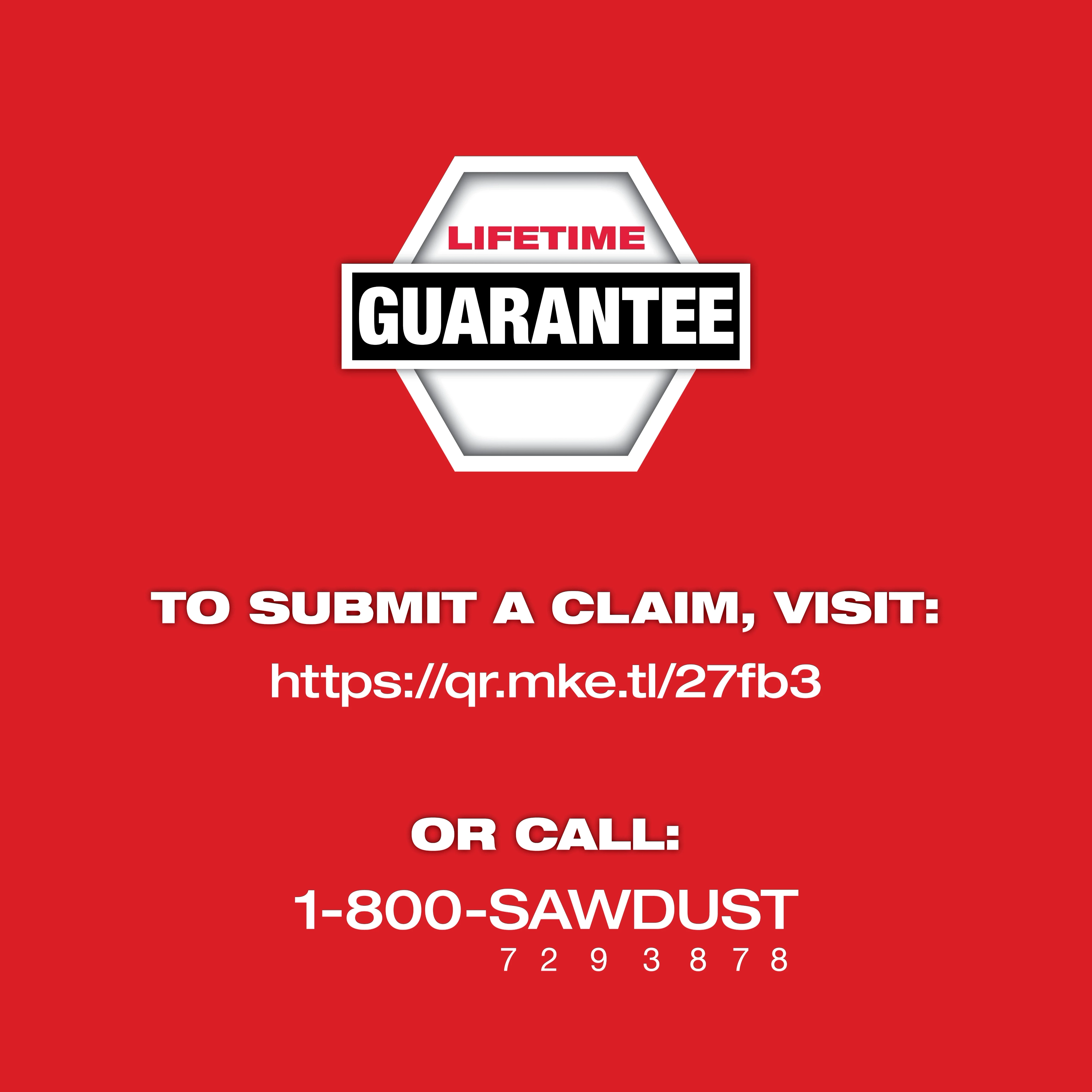 Red advertisement for Mechanic Hand Tools showing a lifetime guarantee. It includes contact details for submitting a claim: a URL (https://qr.mke.tl/27fb3) and a phone number (1-800-SAWDUST).