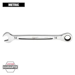 A 14 mm Milwaukee metric wrench with one open-end and one closed-end, featuring the brand's name in the center. The wrench comes with a lifetime guarantee, as indicated by a hexagon-shaped logo in the bottom left corner of the image.